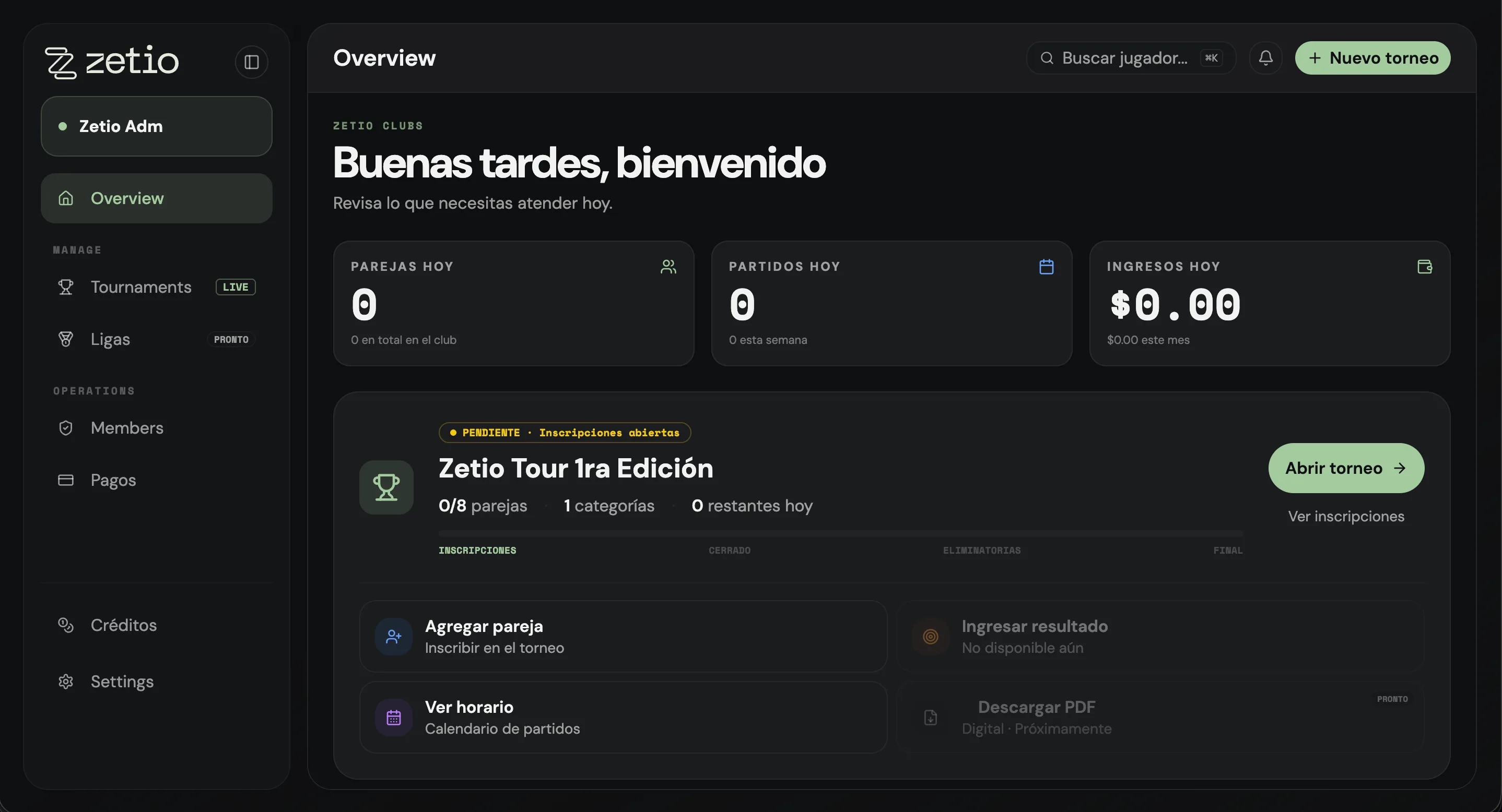 Panel de Zetio Clubs con un torneo abierto, inscripciones, horario e ingresos del día