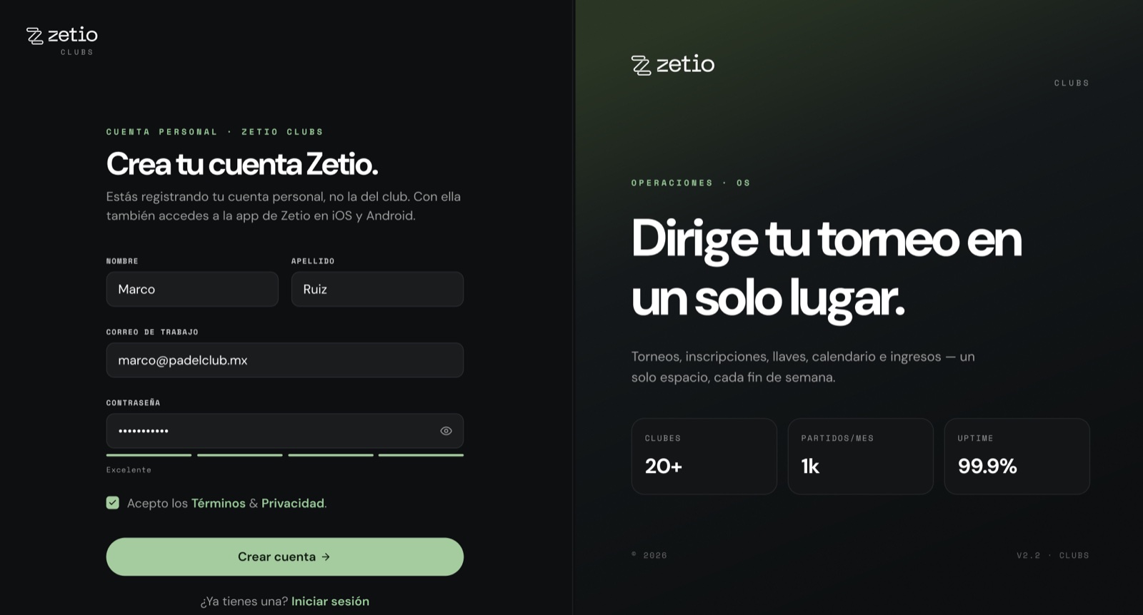 Formulario Crea tu cuenta Zetio con nombre, apellido, correo de trabajo y contraseña