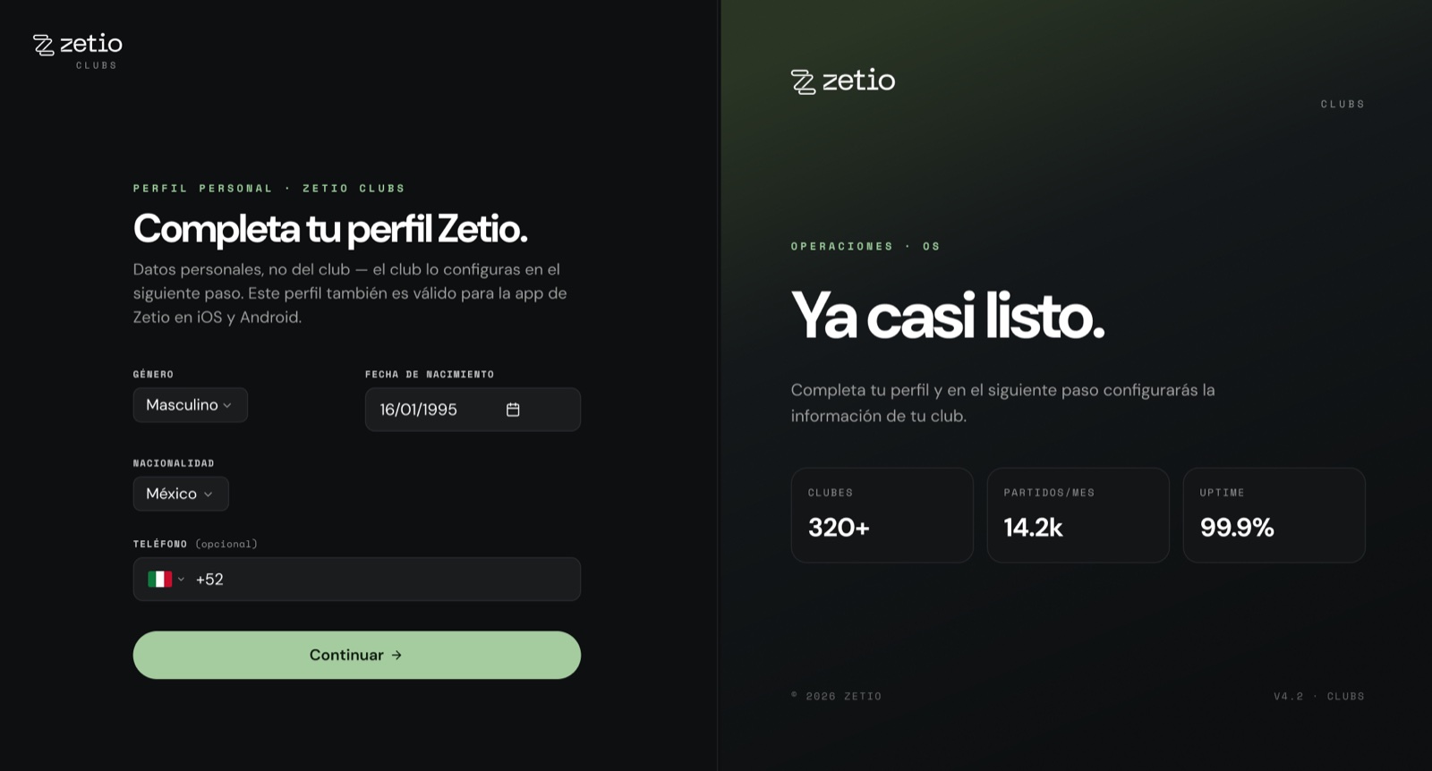Formulario Completa tu perfil Zetio con género, fecha de nacimiento, nacionalidad y teléfono