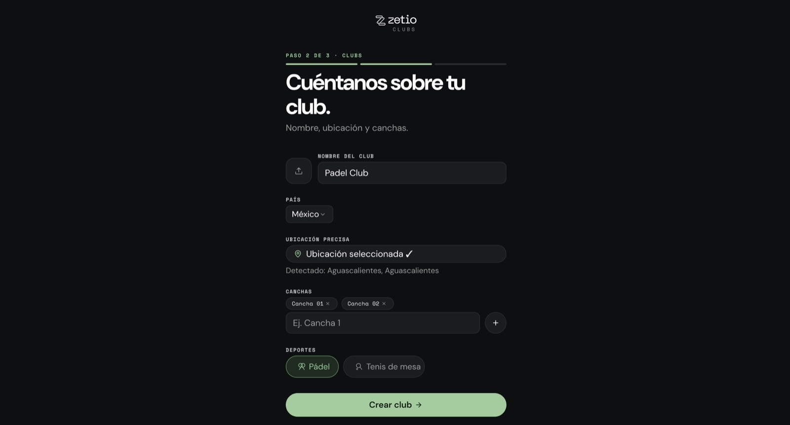 Formulario Cuéntanos sobre tu club con nombre, país, ubicación, canchas y deportes