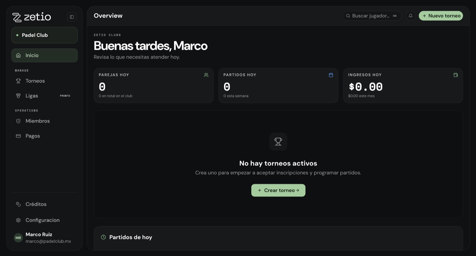 Panel de Zetio Clubs sin torneos activos, con el botón Crear torneo