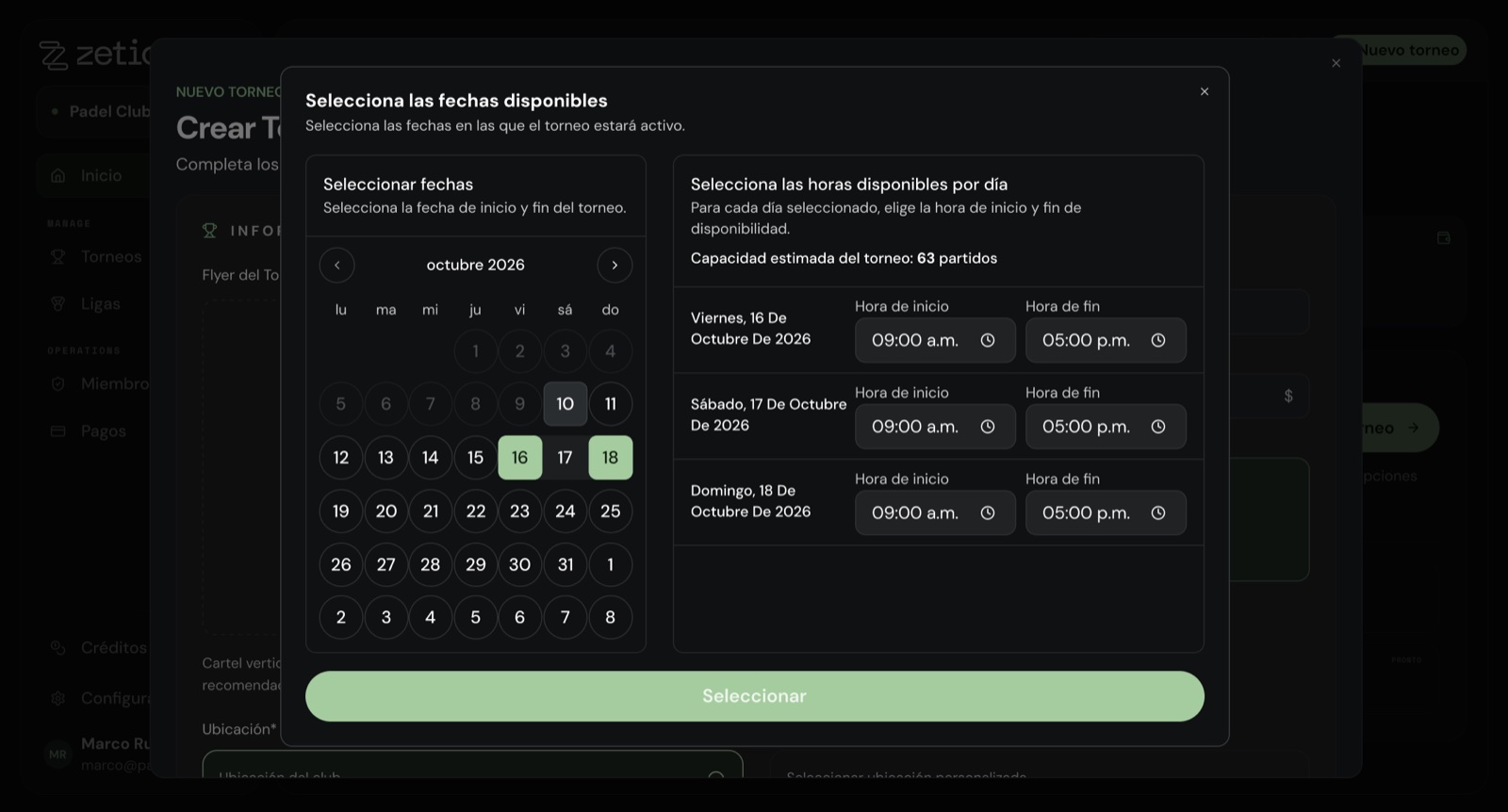 Selector de fechas con el 16 al 18 de octubre marcados y el horario de cada día