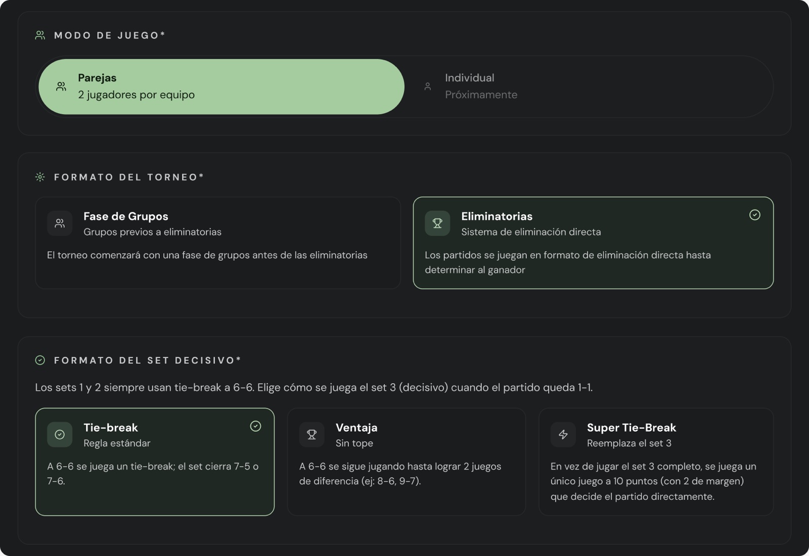 Opciones de modo de juego, formato del torneo y formato del set decisivo
