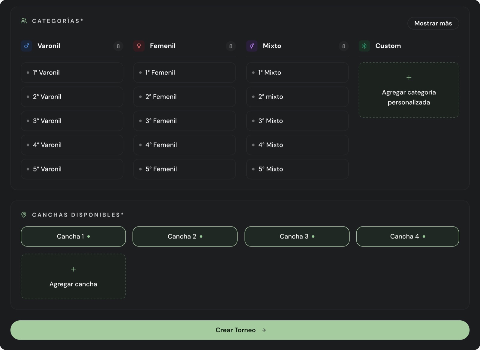 Lista de categorías varonil, femenil y mixto, canchas disponibles y el botón Crear Torneo