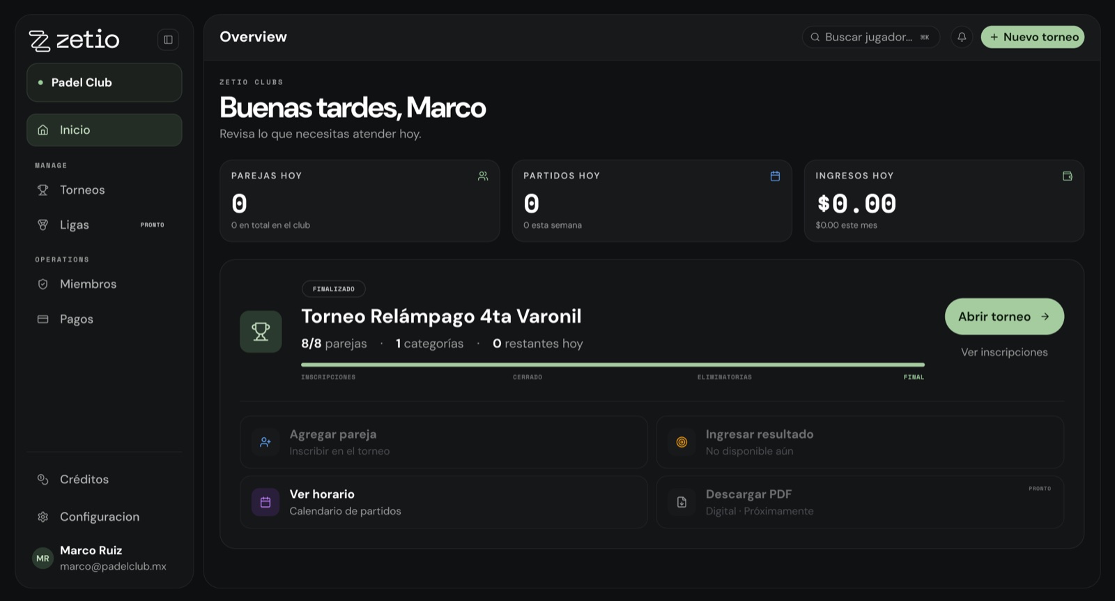 Panel de Zetio Clubs con un torneo en curso