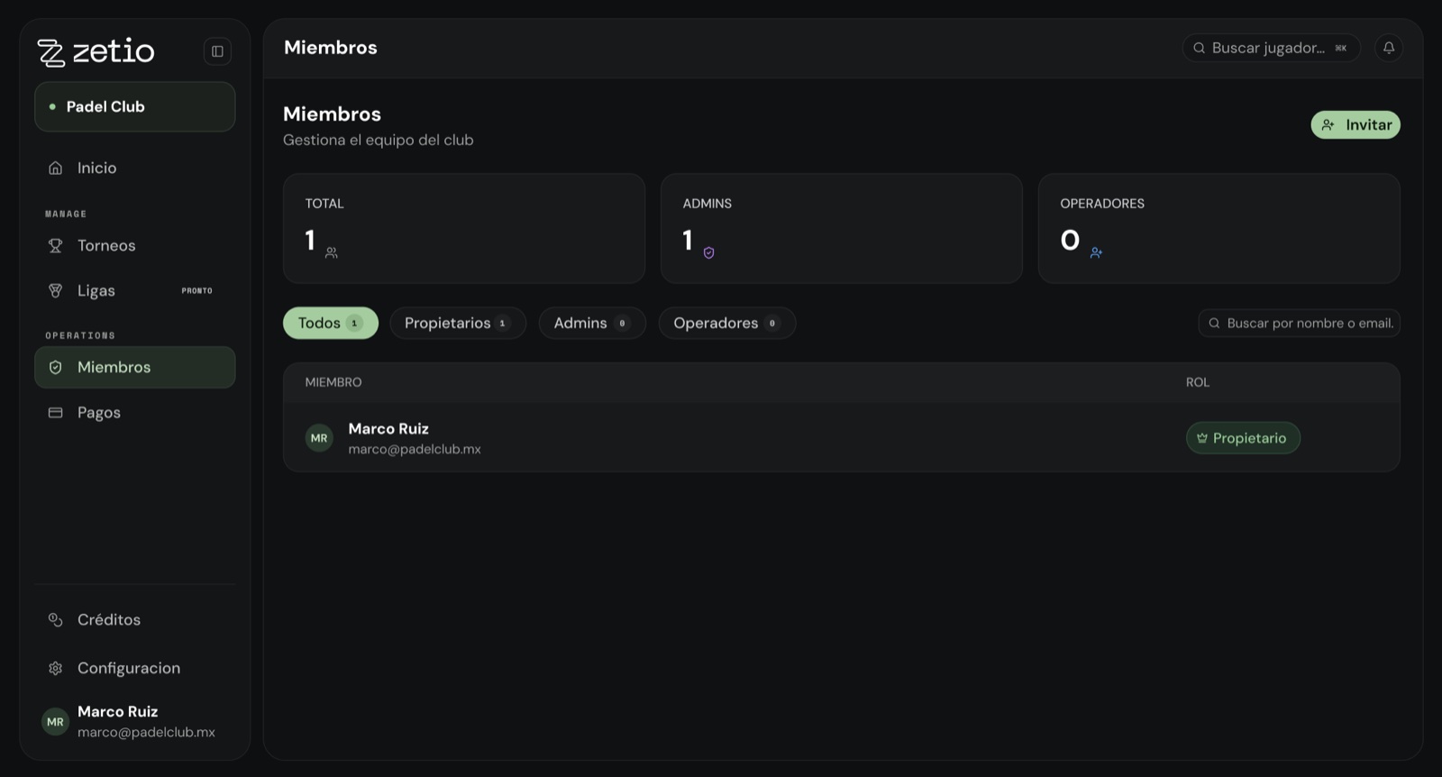 Pantalla Miembros con el total, admins, operadores y la lista del equipo