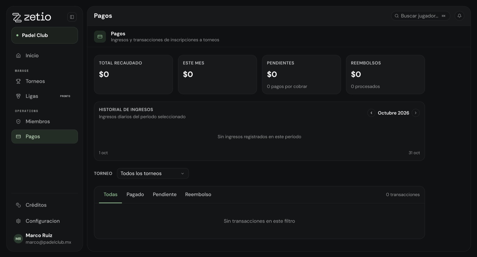Pantalla Pagos con total recaudado, este mes, pendientes, reembolsos e historial