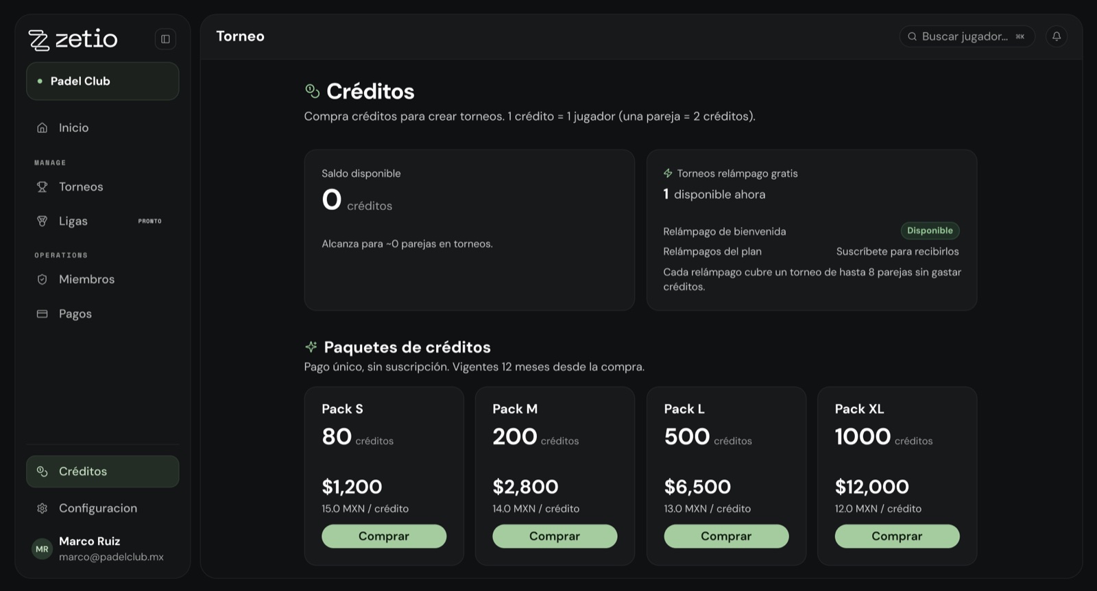 Pantalla Créditos con el saldo disponible, torneos relámpago gratis y los paquetes de créditos