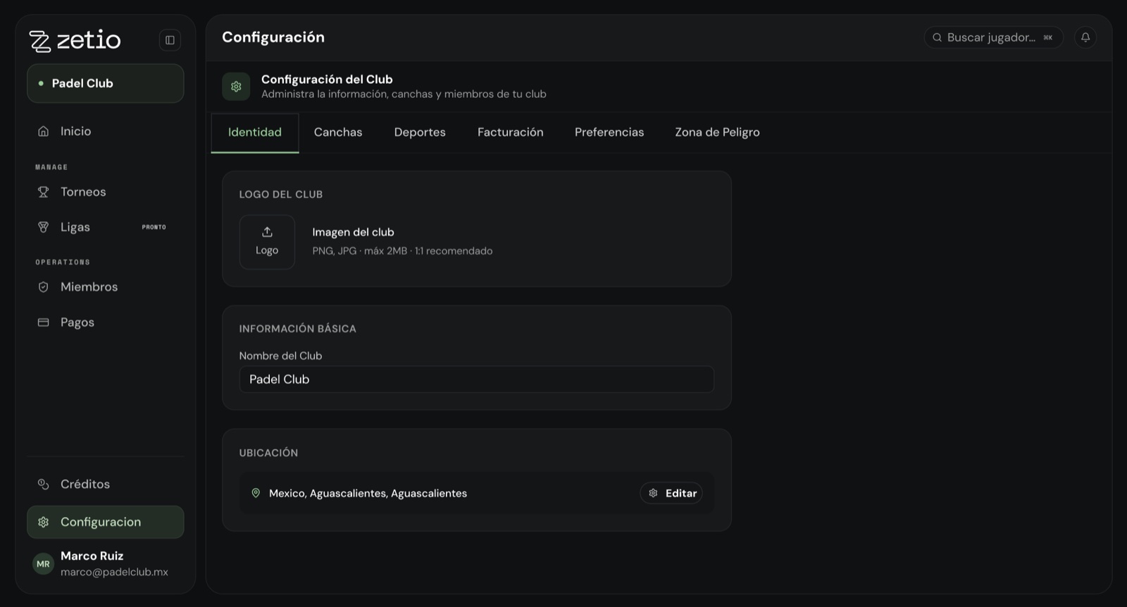 Configuración del club en la pestaña Identidad con logo, nombre y ubicación