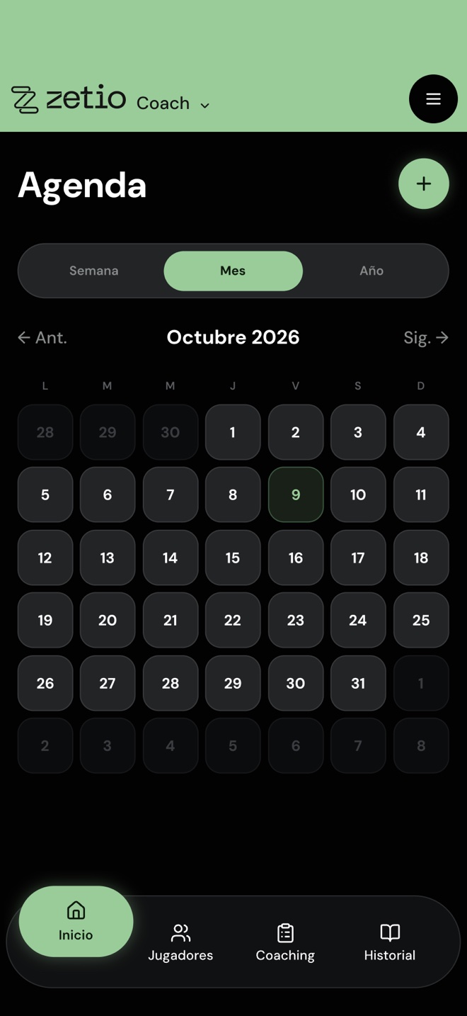 Agenda de Zetio Coach en vista de mes, con el día de hoy resaltado y el botón + para crear una sesión