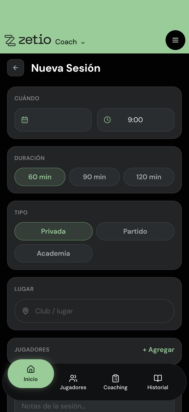 Formulario de Nueva Sesión con fecha y hora, duración de 60 minutos, tipo Privada, lugar y jugadores