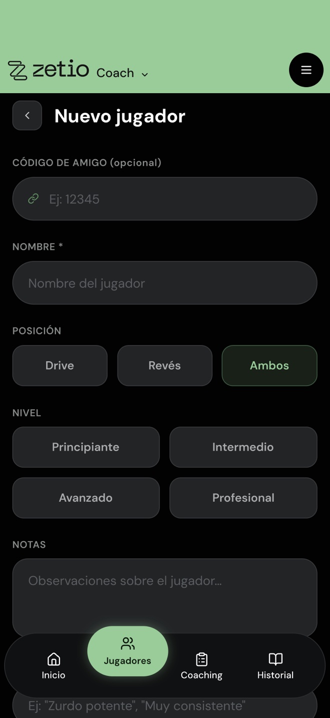 Formulario de Nuevo jugador con código de amigo, nombre, posición, nivel y notas