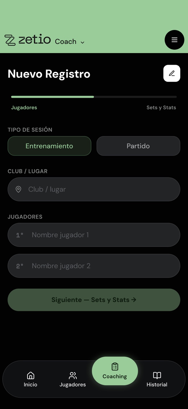 Pantalla Nuevo Registro con el tipo de sesión Entrenamiento, el lugar y los nombres de los dos jugadores