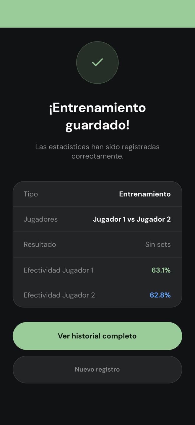 Pantalla Entrenamiento guardado con el resumen y la efectividad de cada jugador