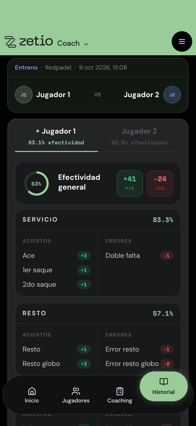 Resultados del Jugador 1 con 63 por ciento de efectividad general y el detalle de servicio y resto