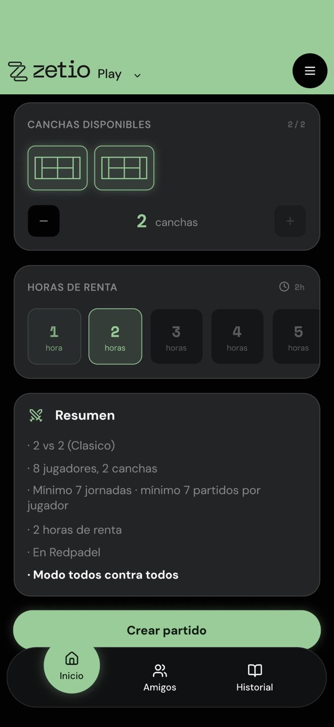 Parte baja del formulario con canchas disponibles, horas de renta, el resumen de la reta y el botón Crear partido