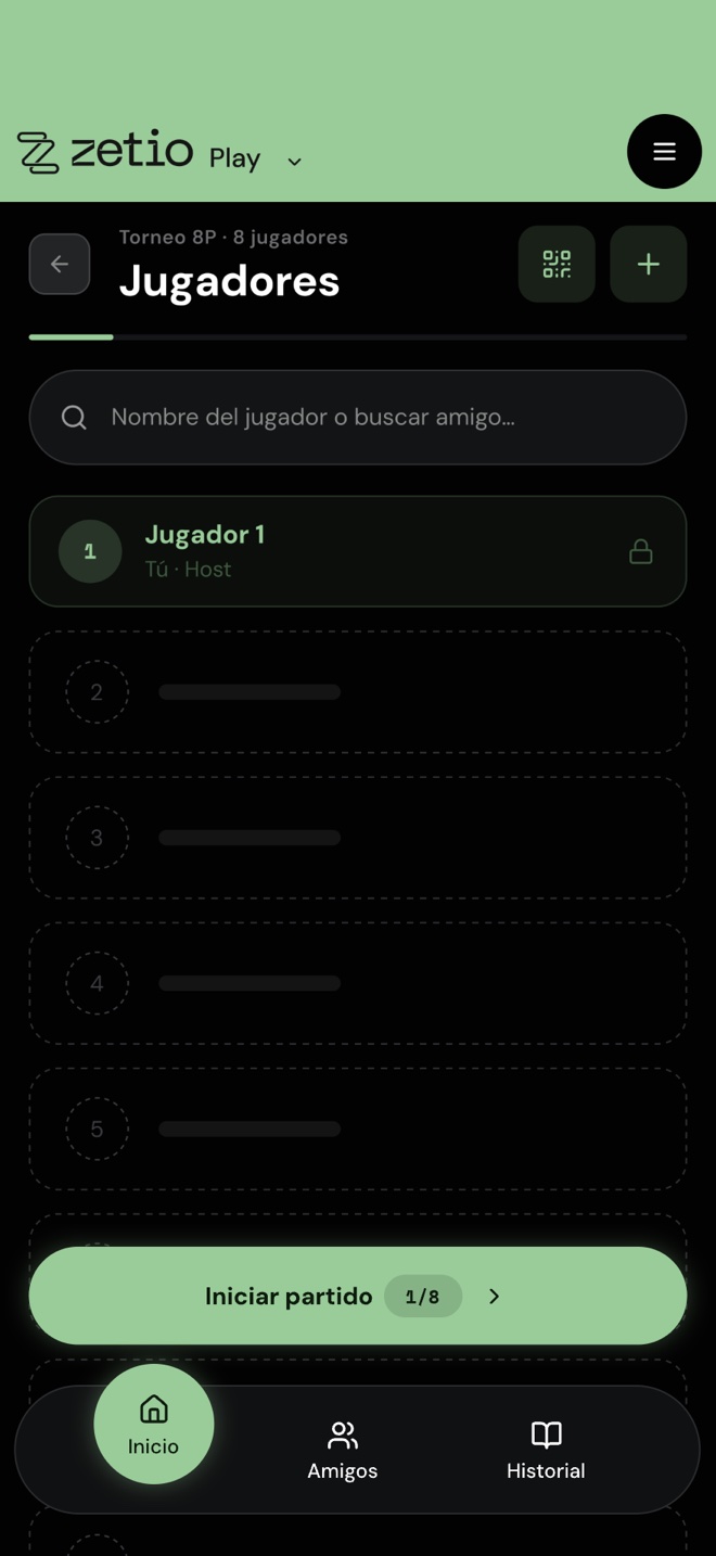 Pantalla de Jugadores con el host en el lugar 1, lugares vacíos y el botón Iniciar partido 1 de 8