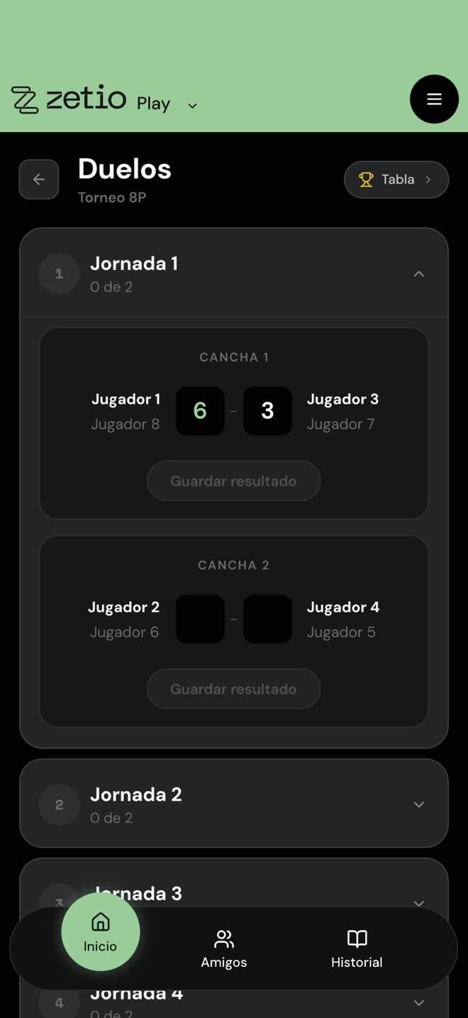 Pantalla de Duelos con la Jornada 1, el marcador 6 a 3 capturado en la Cancha 1 y el botón Guardar resultado