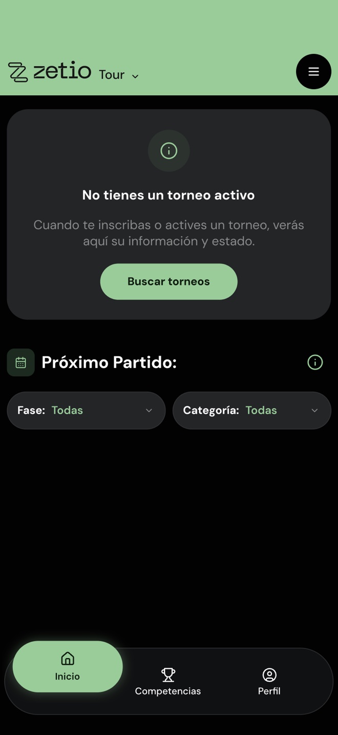 Inicio de Zetio Tour sin torneo activo, con el botón Buscar torneos