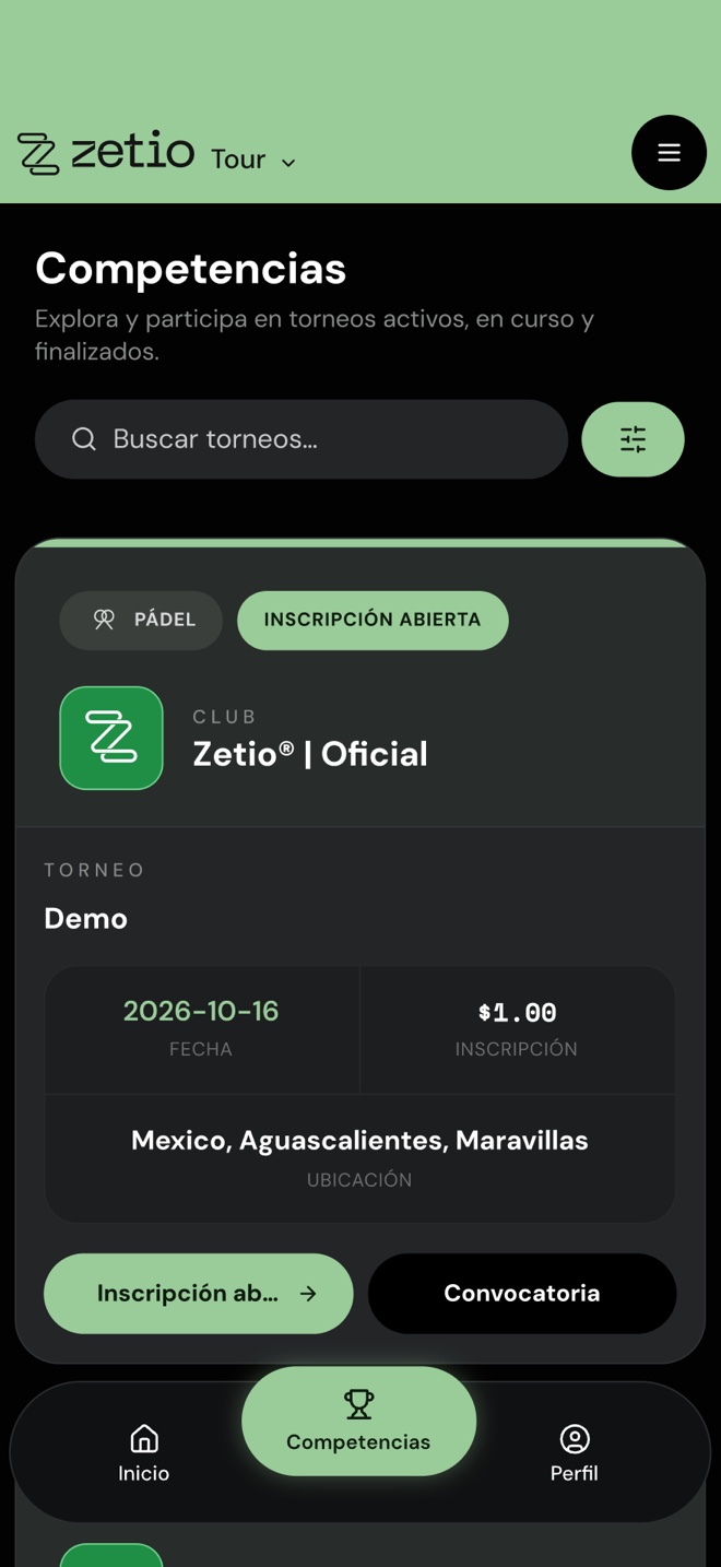 Lista de Competencias con la tarjeta de un torneo: club, fecha, costo de inscripción, ubicación y los botones Inscripción abierta y Convocatoria