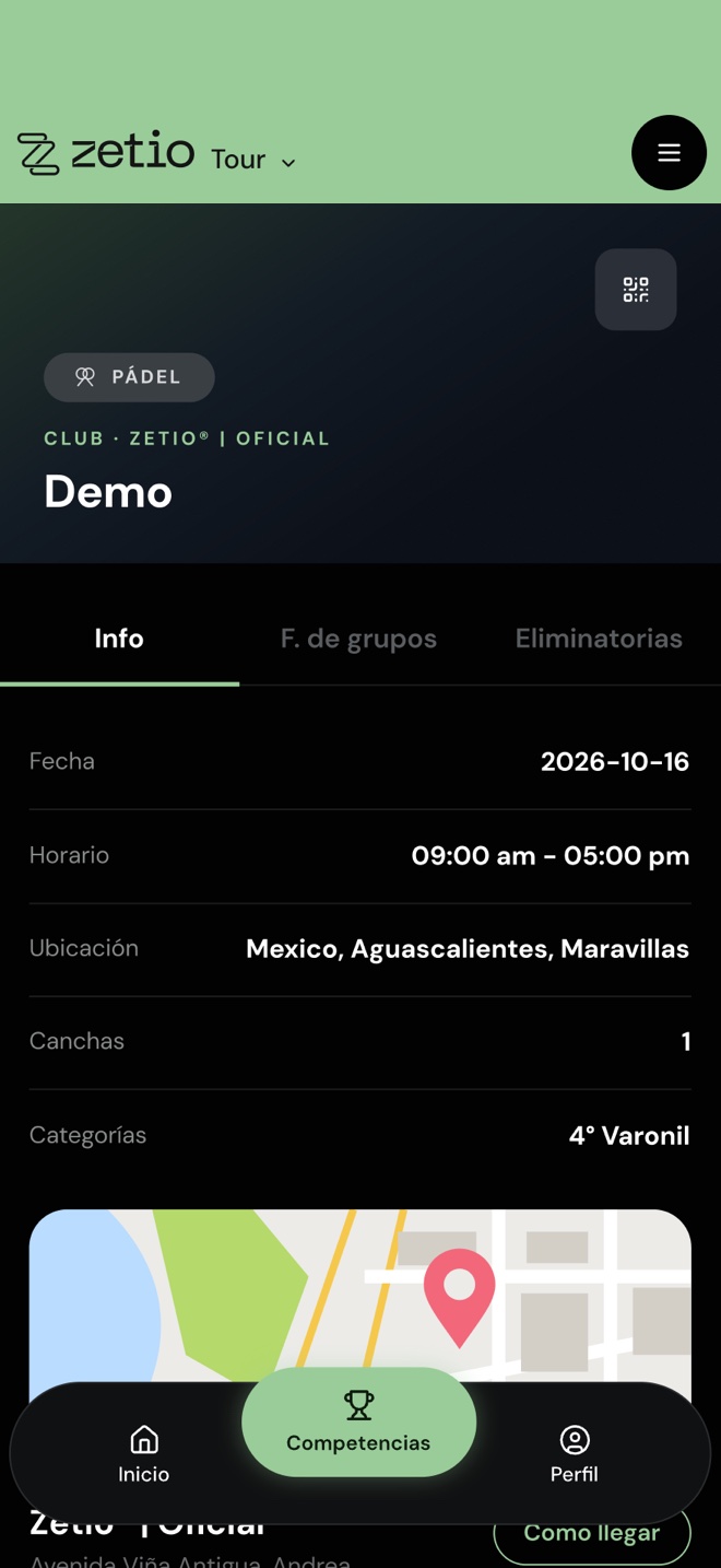 Pestaña Info de un torneo con fecha, horario, ubicación, canchas, categorías y el mapa