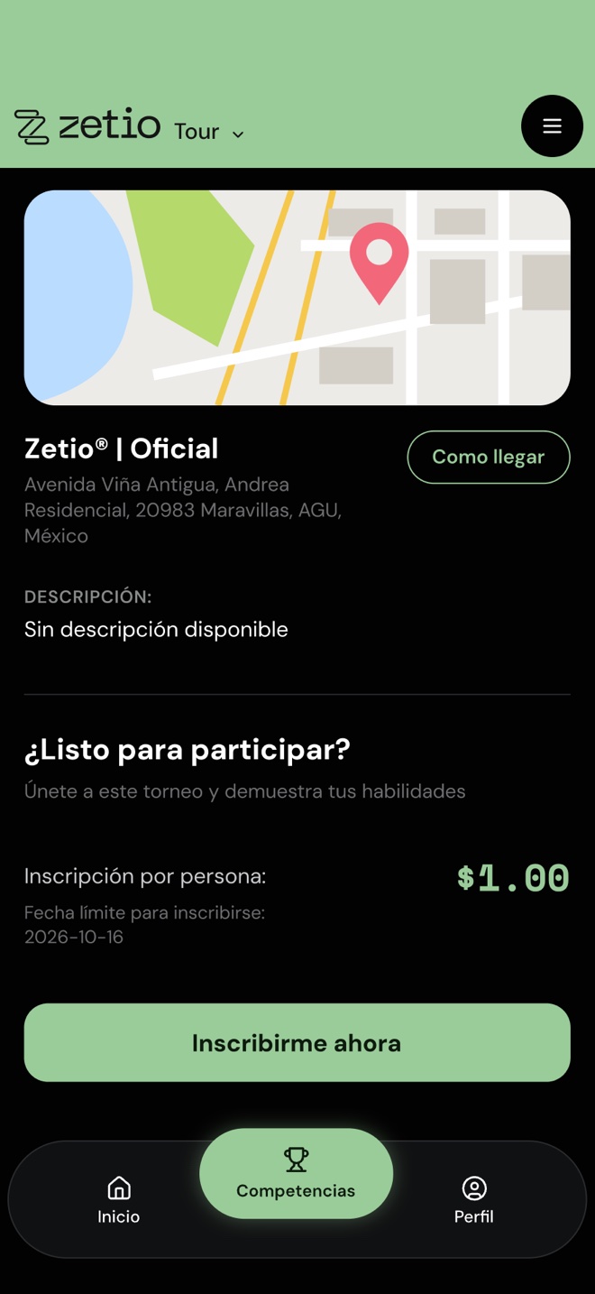 Parte baja de la información del torneo con el costo de inscripción por persona, la fecha límite y el botón Inscribirme ahora