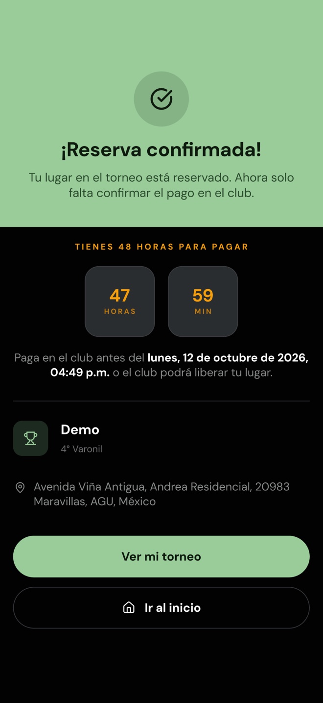Pantalla Reserva confirmada con el contador de 47 horas y 59 minutos para pagar en el club