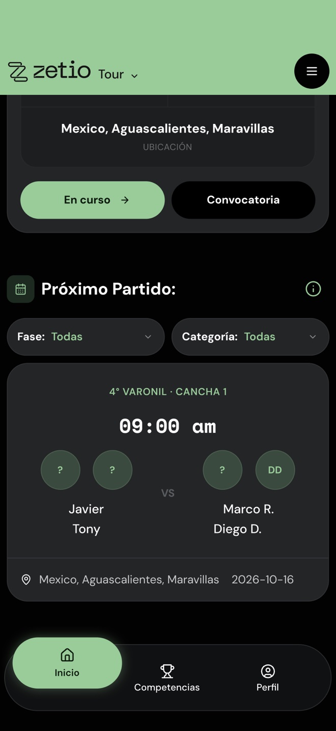 Inicio de Zetio Tour con la tarjeta Próximo Partido: categoría, cancha, hora y las dos parejas